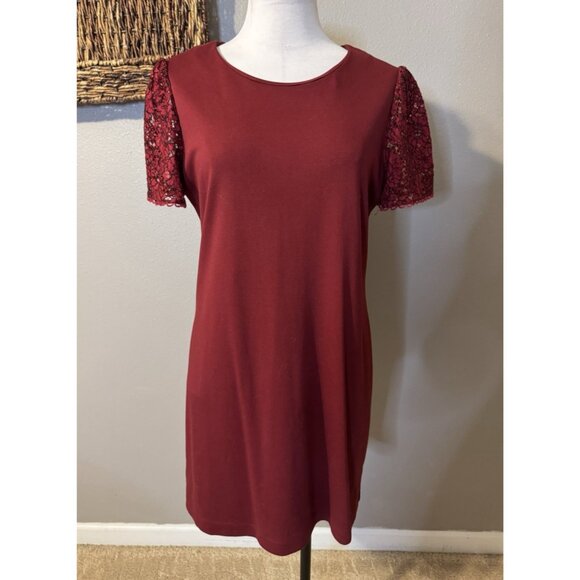 Draper James Dress Medium Burgundy Ponte Lace Puff Sleeves Washable - Picture 5 of 13